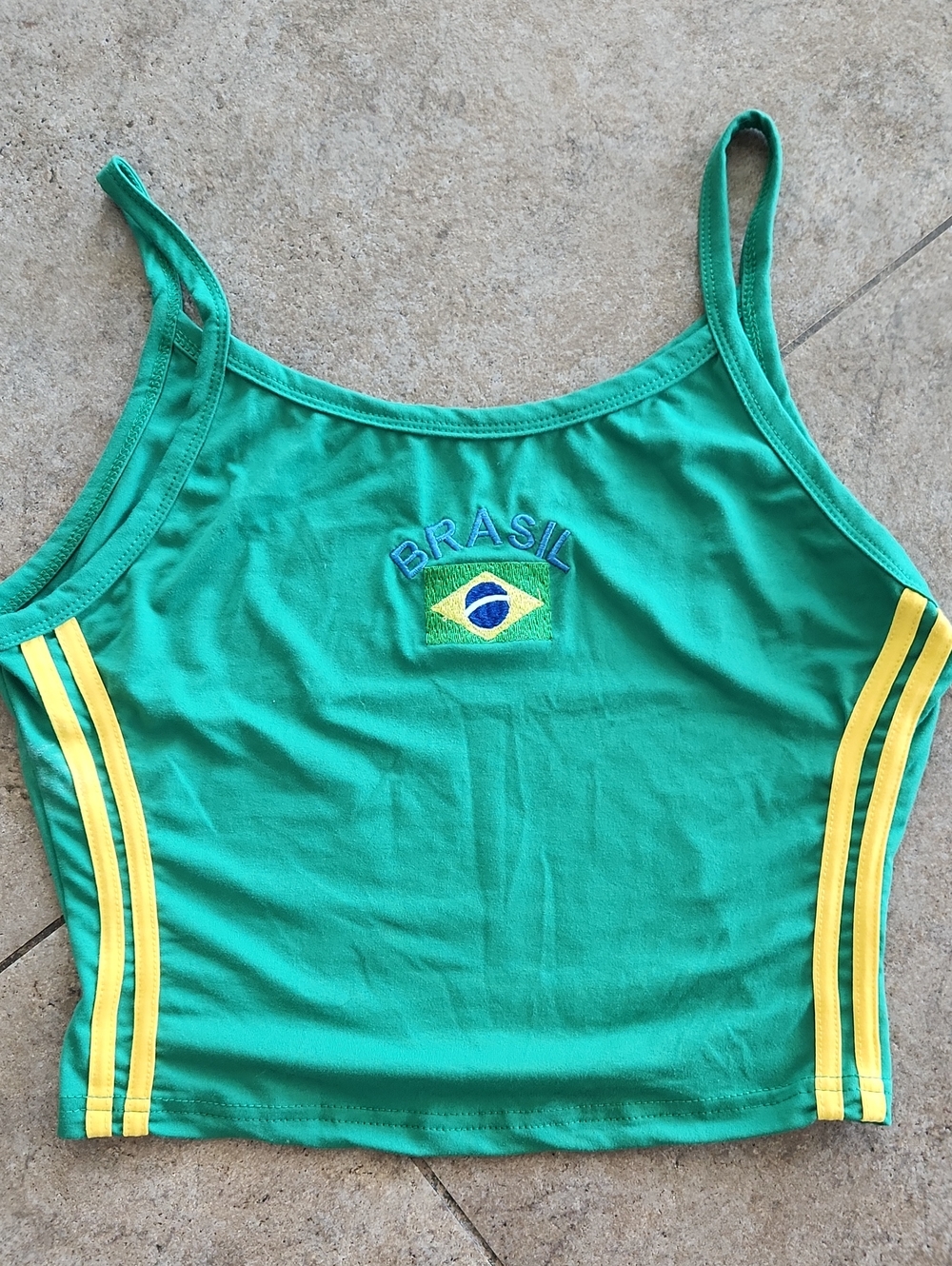 NWOT..Brasil Green Cropped Tank Top with Yellow Stripes